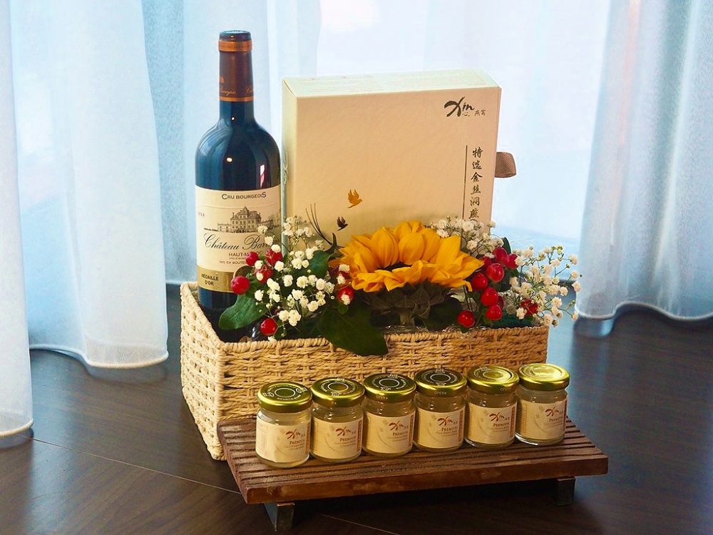 Gift Basket: Premium Cave Bird’s Nest Drink (Reduced Sugar) with French Wine and Fresh Flowers